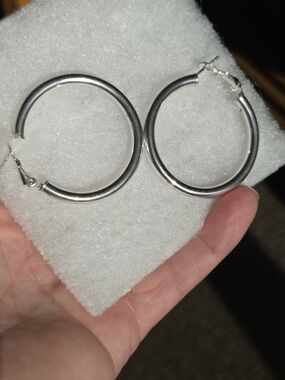 Sterling Silver Polished 40x4mm Omega Back Round Hoop Earrings - Silver